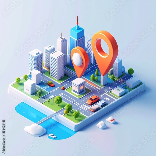 Isometric 3D city map with a large GPS location pin marking the current position