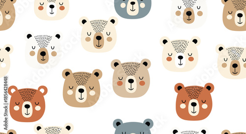 Seamless pattern of various cute bear faces with different expressions and colors ideal for kids clothing or nursery room decorations.