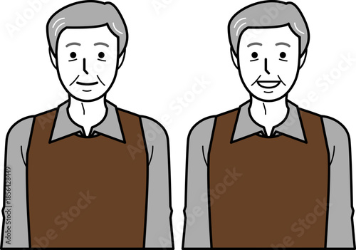 正面向き。腕をおろすシャツとベストを着た高齢男性。