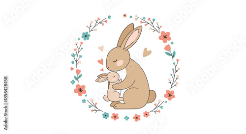 Adorable illustration of a mother rabbit hugging her baby within a colorful floral wreath symbolizing family love and maternal care.