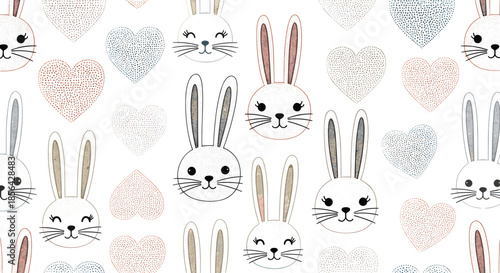 Seamless pattern featuring cute white rabbit faces and textured hearts in soft pastel colors for children nursery or fabric design.