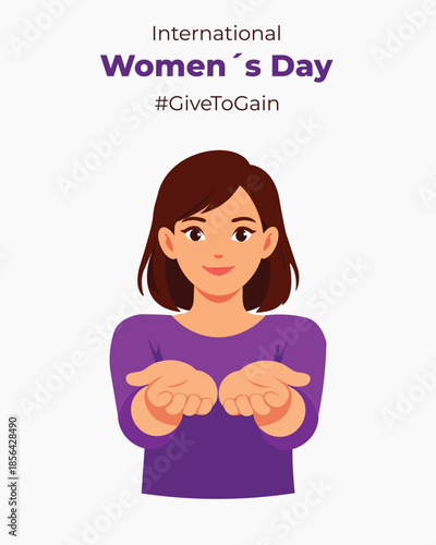 Give to Gain Action social campaign. International Women´s Day. 2026. Square banner. Suitable for social media projects.