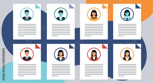 Selection of professional resumes with diverse profile pictures displayed on a modern blue and orange abstract background.