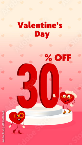 Vector illustration of a vertical Valentine’s Day sale banner with heart characters, large number thirty, percent off sign, white podium and pink background with small hearts