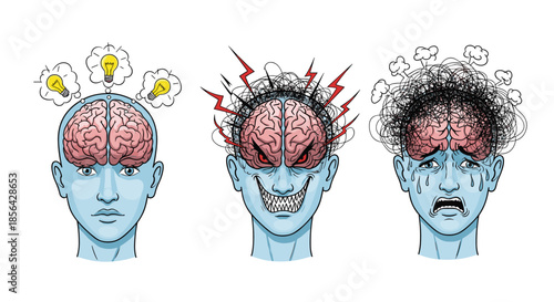 Three human heads showing different brain states including creative ideas, intense anger, and overwhelmed stress for psychology themes.