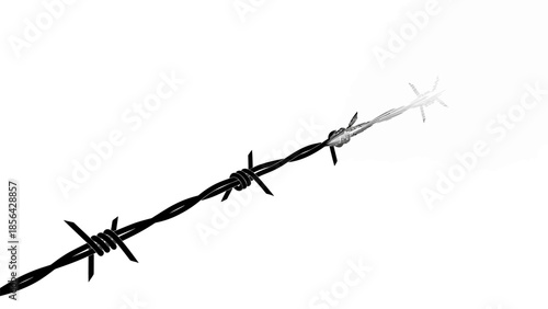 Close-up of barbed wire fence against a stark white background, symbolizing restriction and security.