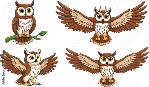 Detailed cartoon owl vector set featuring birds in flight and perched on branches for nature education, wildlife illustration, and decorative animal characters.