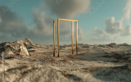 Abstract golden portal stands amidst a textured landscape under a cloudy sky