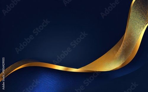 Abstract golden ribbon design on dark blue background with copy space