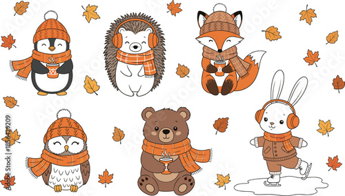 Cute winter forest animal vector set with penguin fox bear owl hedgehog rabbit wearing warm scarves hats and earmuffs for seasonal holidays.