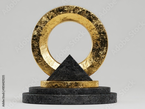 Abstract golden ring and pyramid shapes on black circular platform design