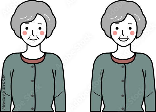 正面向き。腕をおろすカーディガンを着た高齢女性。