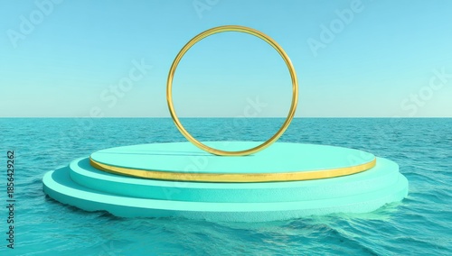 Abstract golden ring floating above a turquoise platform in serene ocean setting