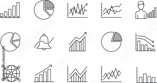 Financial business data icons set featuring bar charts, pie graphs, line diagrams, growth trends, market analysis and professional analytics. (18 words)