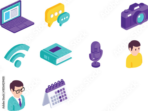 Set of 3D isometric business and technology icons featuring laptop camera microphone calendar and character avatars in vibrant purple and teal colors for web design.
