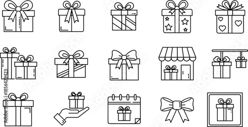 Gift box icon set, present packaging symbols, celebration shopping reward illustrations, birthday holiday vector design collection