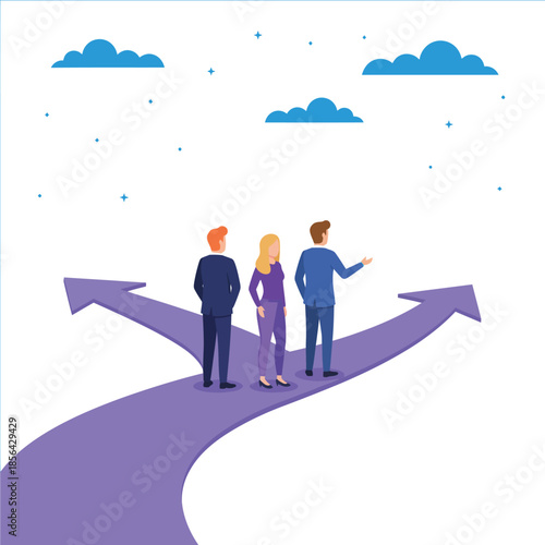 Navigating Choices: A trio of individuals stands at a metaphorical crossroads, contemplating the paths ahead with a backdrop of a clear sky and the promise of new beginnings.