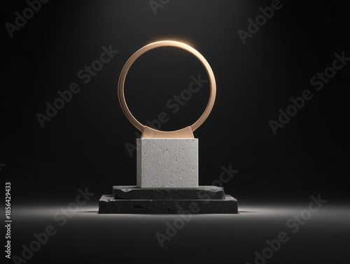 Abstract golden ring on a stone pedestal with spotlighting on a dark background