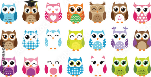 Large set of colorful cute owl cartoon characters with various patterns and expressions for nursery decor, stickers, scrapbooking, and children education vector design.