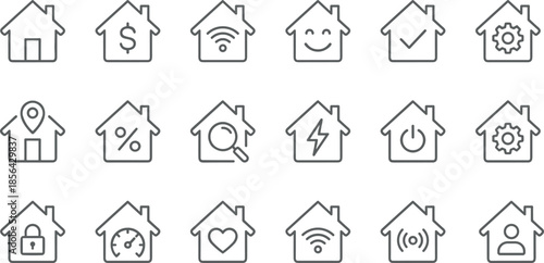 Smart home technology icons set featuring real estate mortgage rates, wireless wifi connection, energy efficiency, house security and automation.