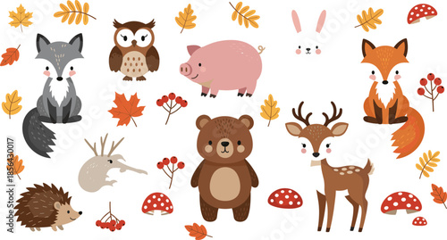 Cute forest animal vector set with fox, bear, deer, owl, hedgehog, pig, and autumn leaves for nursery decor, seasonal stickers, and children's illustration.