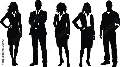 Diverse group of casual and professional people silhouettes standing in a row wearing everyday clothes isolated on white background for social,