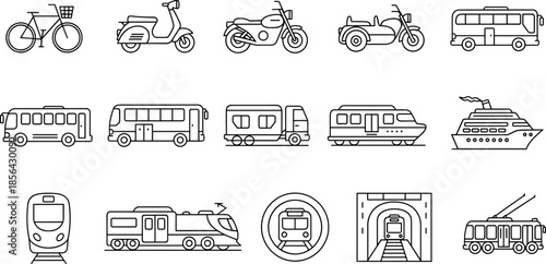 Transportation icons set including bicycle, scooter, motorcycle, bus, truck, ship, train, subway and public transit vehicles for travel. (18 words)