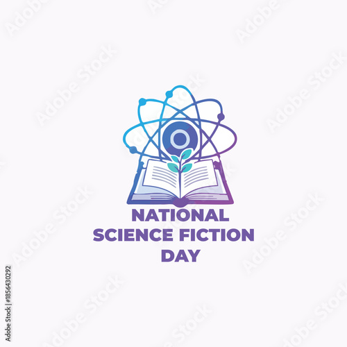 Open book with sprouting plant and atomic orbit above "National Science Fiction Day" text