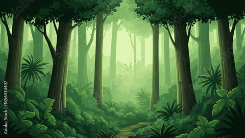 Misty forest path surrounded by lush trees and foliage in a serene environment, Whisk vector illustration