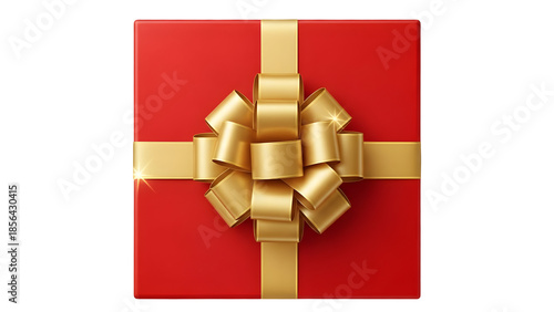 A red gift box isolated on transparent background with a gold ribbon and bow