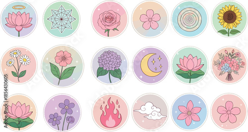 Set of flat vector floral and mystical icons featuring lotus flowers, rose, sunflower, moon, stars, and clouds in a soft pastel aesthetic for stickers or social media highlights.