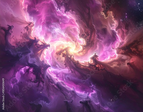 Swirling cosmic gases in vibrant purples, pinks, and yellows