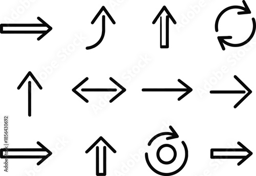 Minimalist black line arrow icon set featuring directional, curved, bidirectional, and circular refresh symbols for UI/UX design.