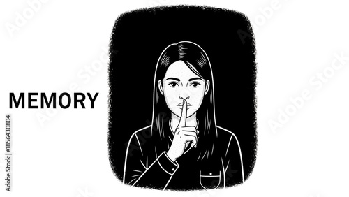 Illustration of a woman with her finger on her lips, indicating silence or a secret, with the word 'MEMORY' beside her.