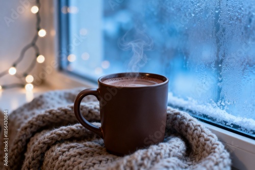 Coffee mug hot beverage window frost cozy