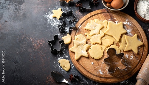 Christmas baking preparation with cookie cutters and dough on a wooden board