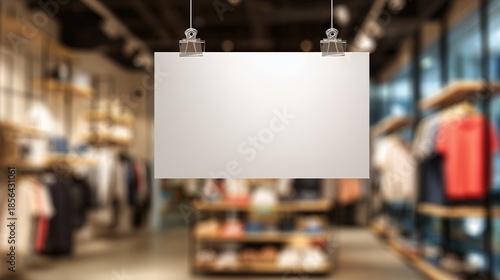 Blank white poster hanging in a blurred modern retail store display