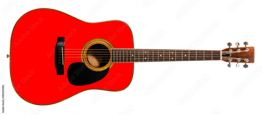 Obraz premium Red Acoustic guitar isolated on white background, Classic acoustic guitar on white background with work path PNG File.