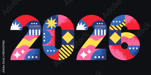 Vibrant 2026 typography with colorful geometric patterns on black background