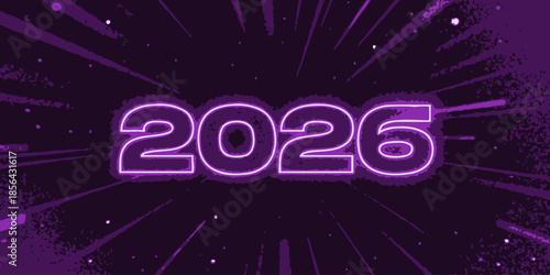 Vibrant purple neon 2026 text on dynamic dark background
