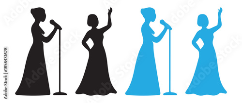 Singers Performing on Stage, Silhouette Icons of Women with Microphones.