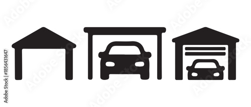 Car Garage Icons Open Carport, Covered Parking, Closed Garage.