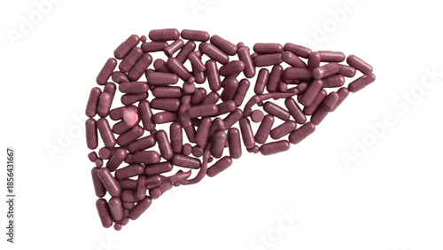 Liver shape formed from purple medicine capsules representing liver health and medical treatment, perfect for healthcare and pharmaceutical presentations