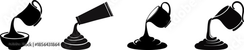 A series of black silhouette icons depicting the pouring of a liquid from a cup, showcasing different shapes and flows.
