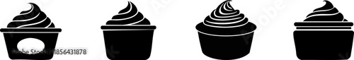 A series of four black-and-white illustrations of stylized ice cream cups with swirls on top, showcasing different designs and shapes.