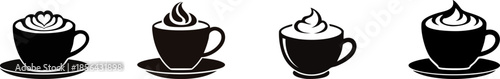 Four stylized black and white coffee cups with whipped cream designs, showcasing a variety of shapes and sizes on plates.
