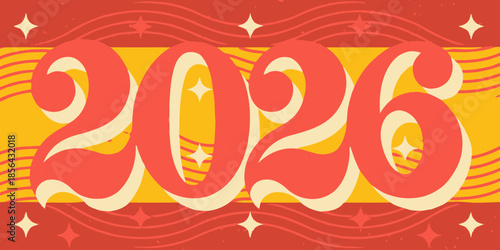 Vibrant 2026 typography with sparkling stars and wavy lines