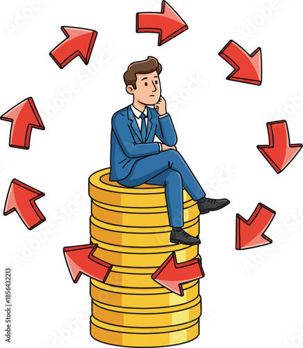 Money-Minded Moments: A contemplative figure sits atop a stack of gold coins, encircled by arrows, symbolizing financial choices and investment considerations. 