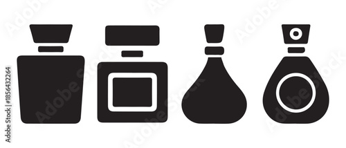 Collection of black perfume bottle icons isolated on white background.