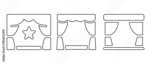 Set of Stage Curtains and Platforms Icon, Outline Theater Set Designs.